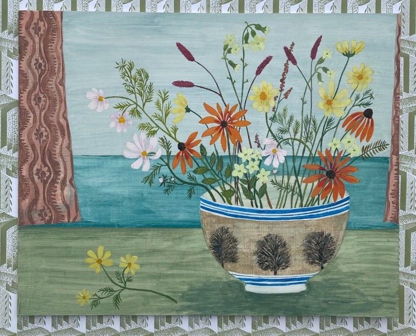 Image of Mochaware bowl and autumn flowers 