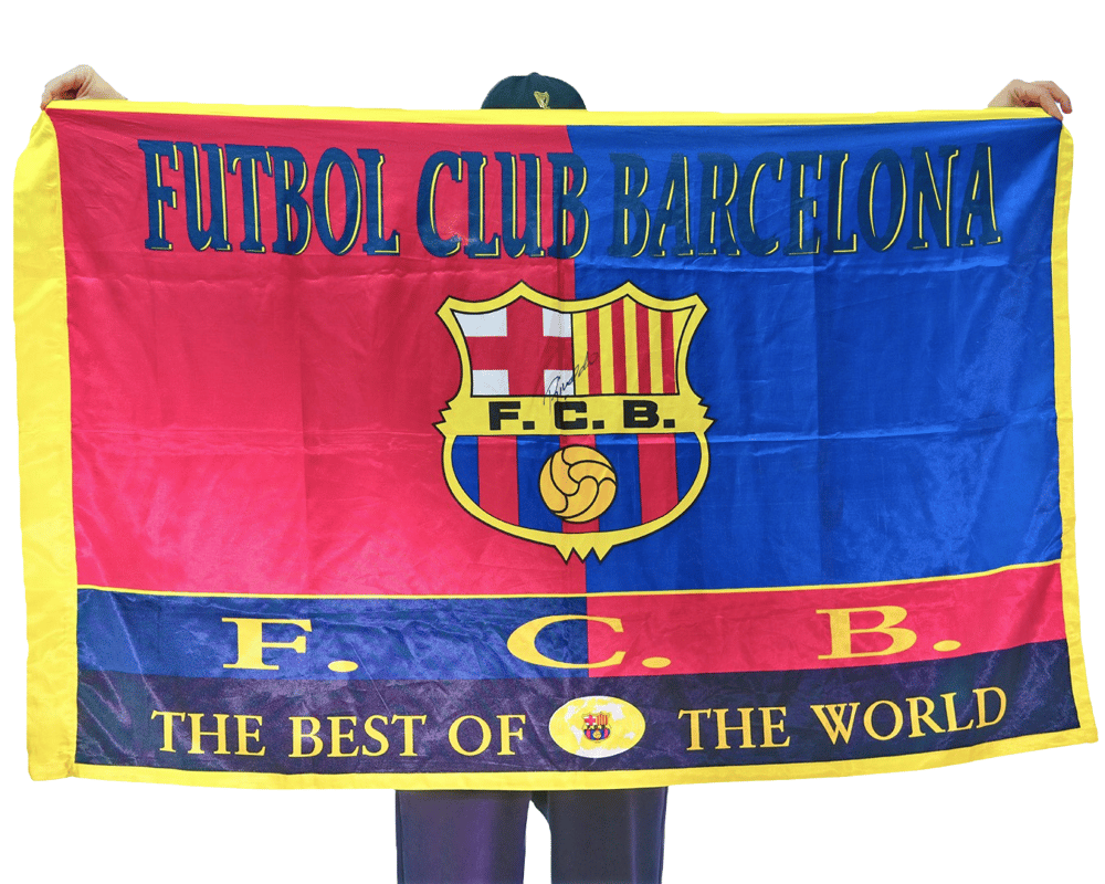 Image of Vintage Silk Barcelona Flag with Rivaldo Autograph