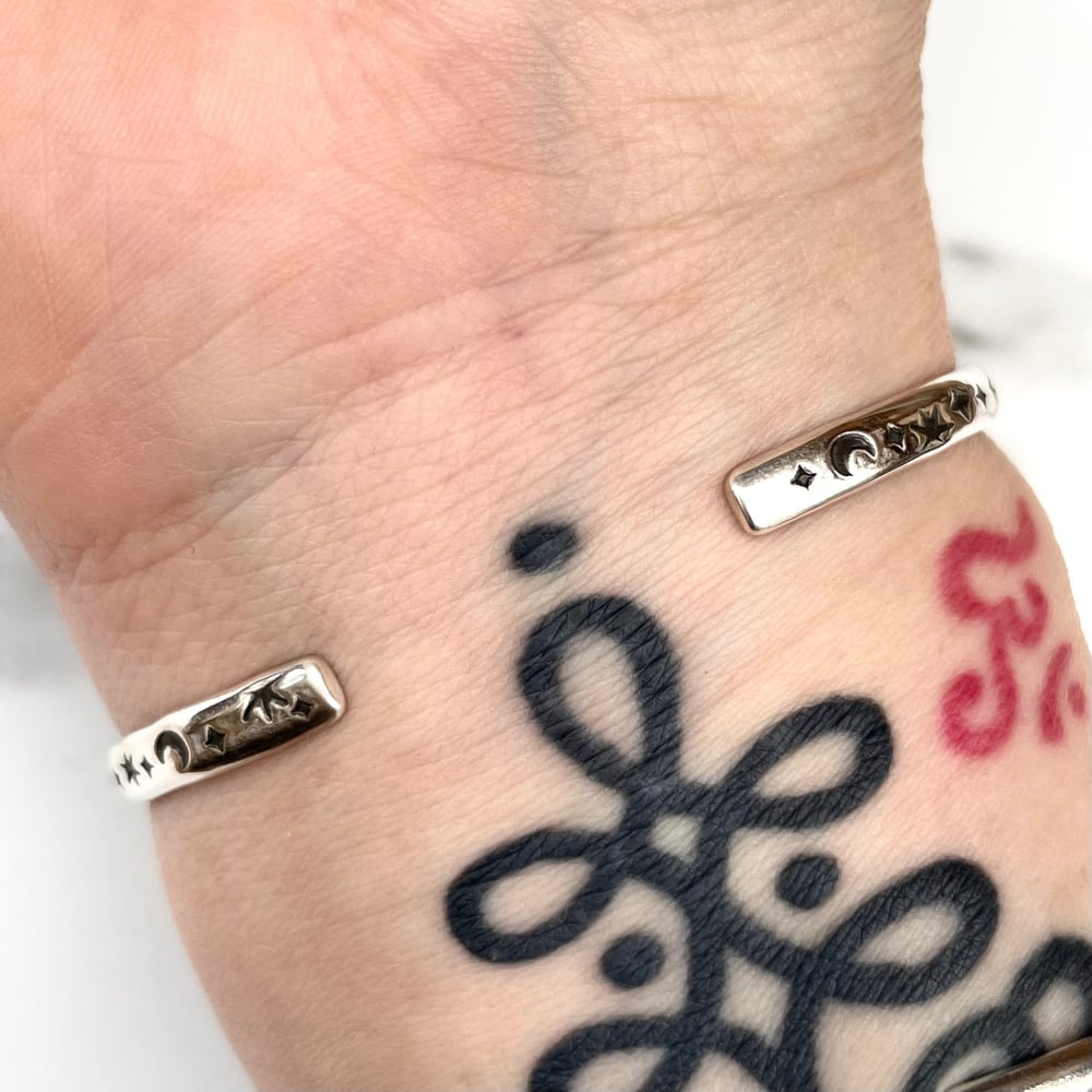 Celestial Cuff Bracelet Sterling Silver Stars And Moons 4mm Wide