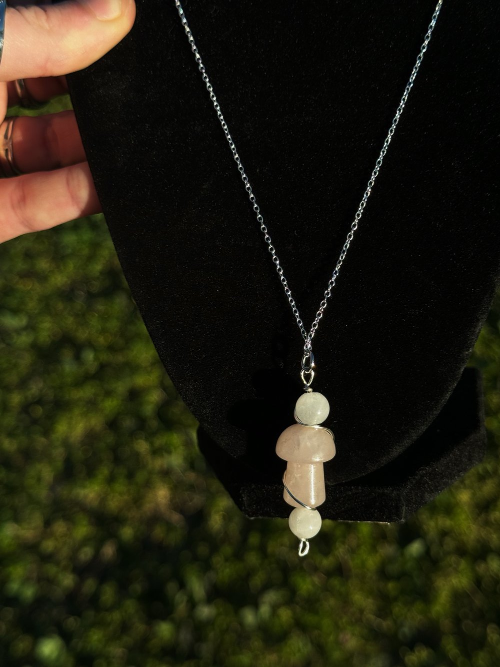 Image of Rose Quartz Mushroom Necklace (Sterling Silver plated chain)