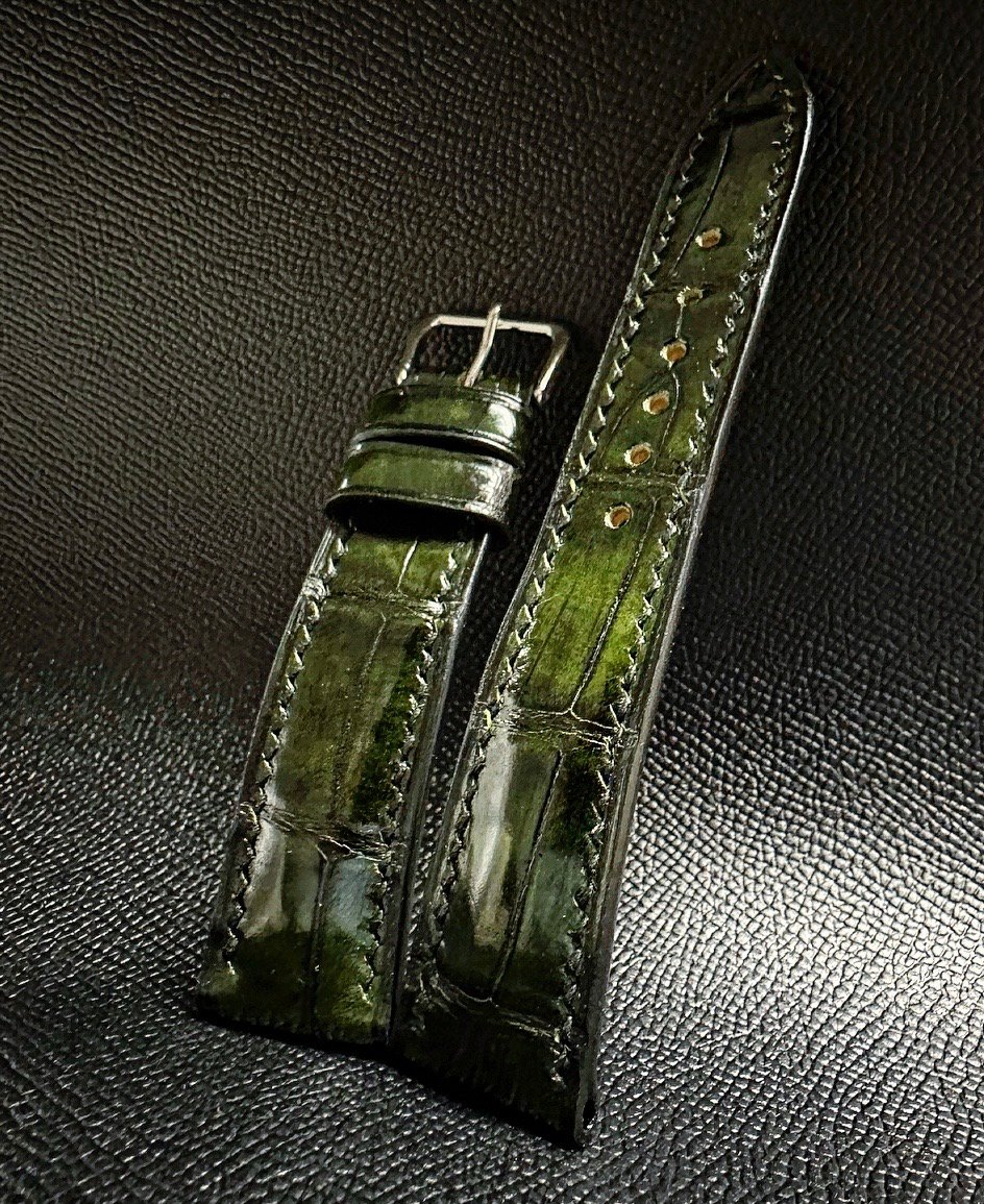 Image of Antique Moss Green Alligator Padded Watch Strap