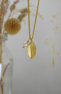 Image 1 of Gold Vermeil Leaf Necklace with linen texture  on 18 Inch Spiga Chain