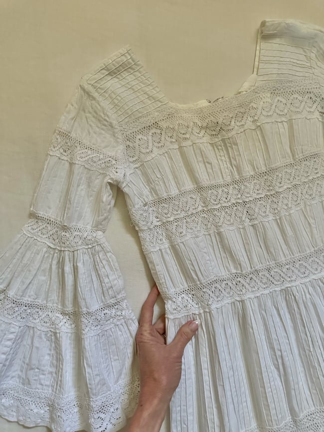 late 1960s white Mexican boutique lace and crochet dress