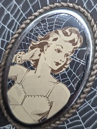 Image 4 of Vintage Brooches-  1940s engravings page & preserved spider webs with stand - 1