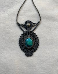 Macrame necklace with chrysocolla and pyrite 