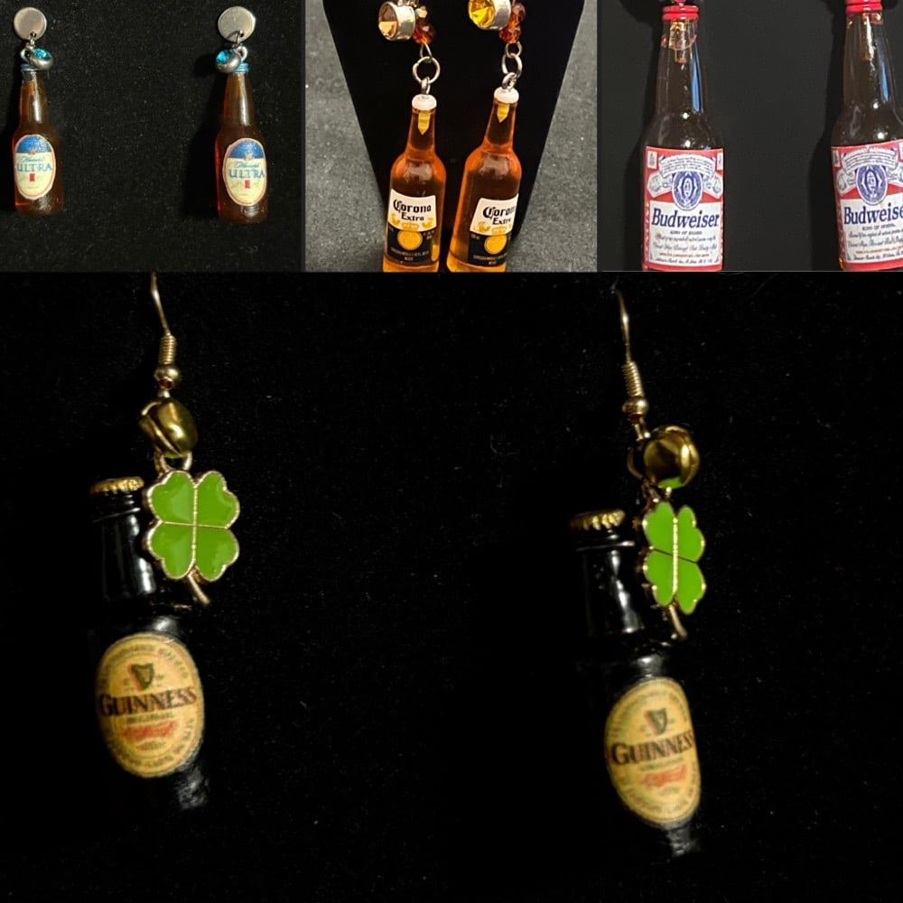 Image of beer bottle mini dangle earrings coors, Michelob ultra, bud, corona, 805, etc 