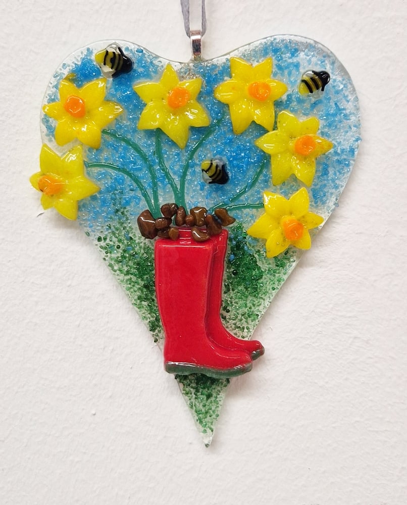 Image of Fused Glass Wellie and Daffodil Heart