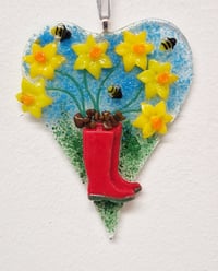 Fused Glass Wellie and Daffodil Heart