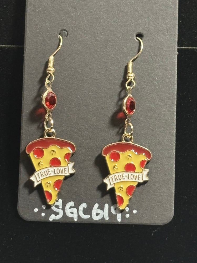 Image of Pizza Slice handmade dangle Earrings with Red Accents