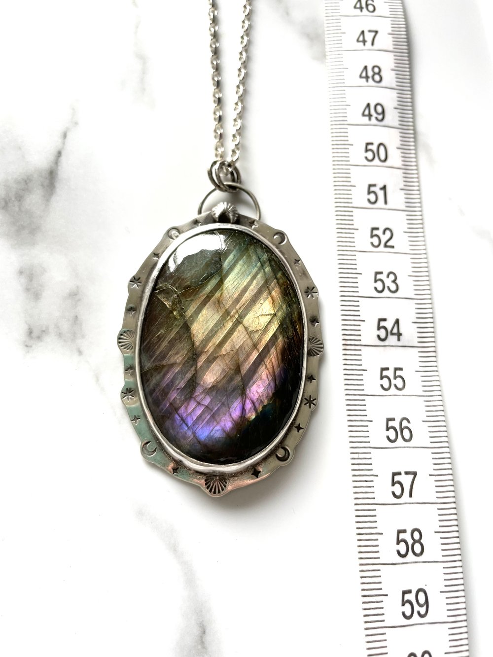 Handmade Sterling Silver Rainbow Labradorite Celestial Statement Pendant 925