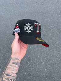Image 1 of RED BRIM BLACK TEXAS RANGERS CUSTOM FITTED CAP