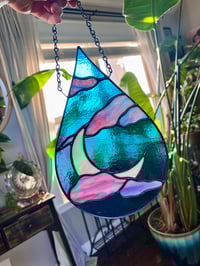 Image 1 of Aqua Blue Stained Glass Moon & Cloud Teardrop Suncatcher - Handmade Window Hanging with Pink Clouds