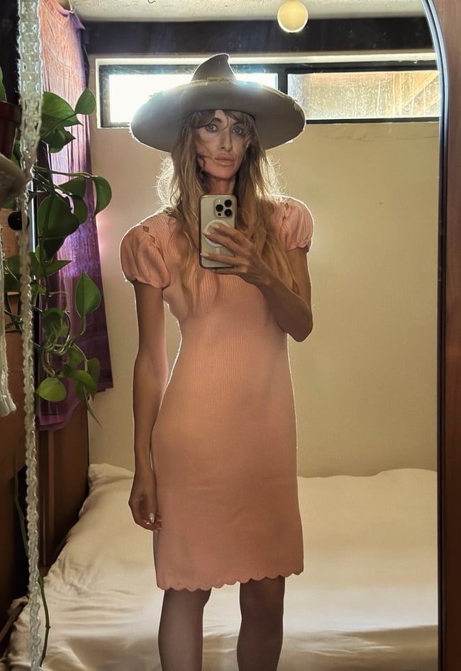 1960s soft pink fine knit princess sleeve dress