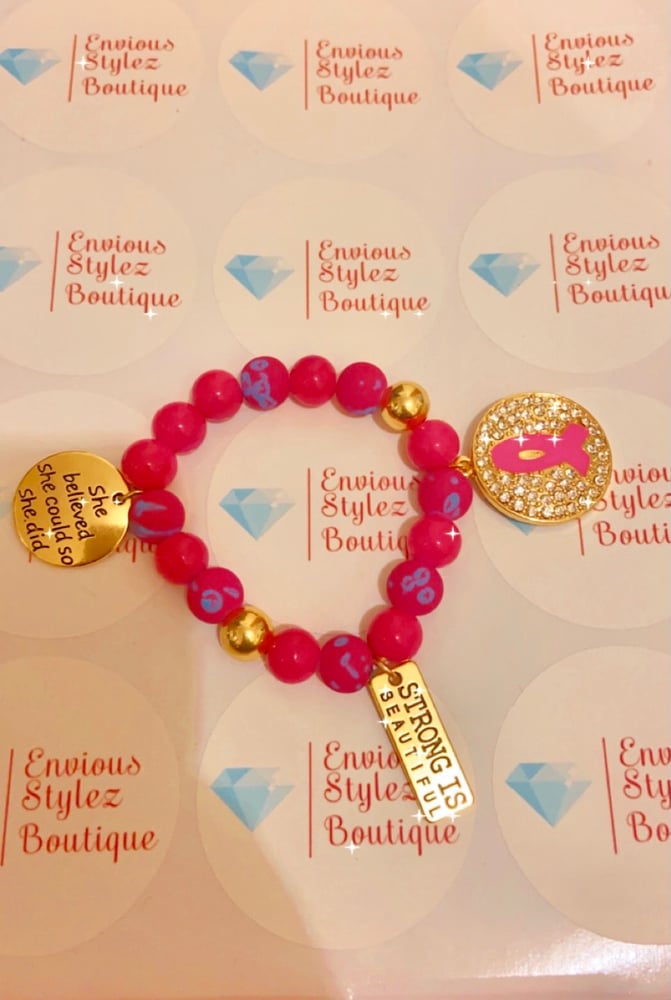 Image of Breast cancer awareness charm beaded bracelet