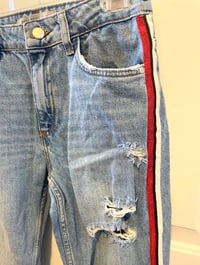 Image 2 of Zara distressed tapered jeans with black, white, and red shimmer side stripe