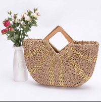 Metallic Stripe Wooden Handle Bag