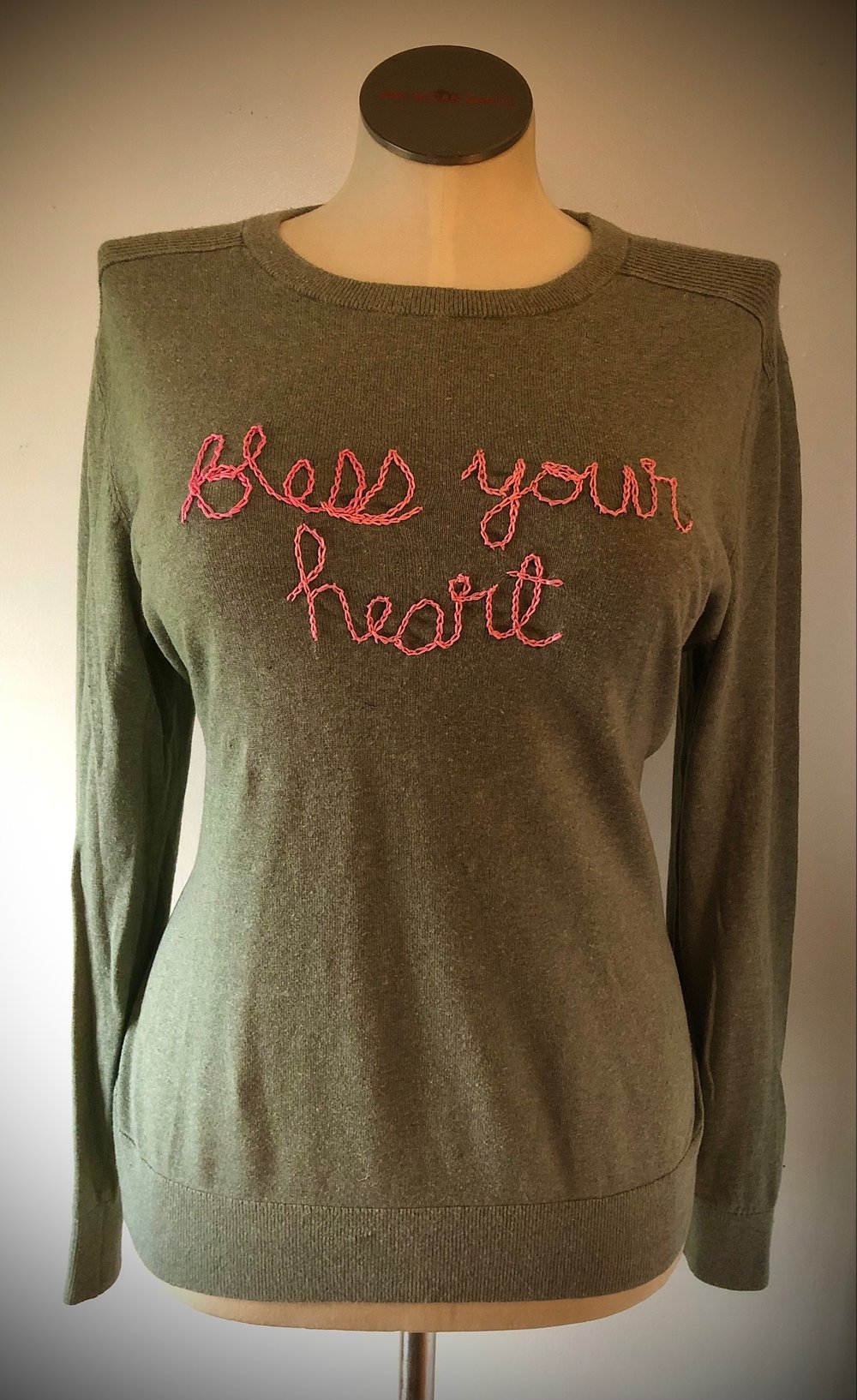 Gently pre-owned “Bless Your Heart” hand-embroidered sweater