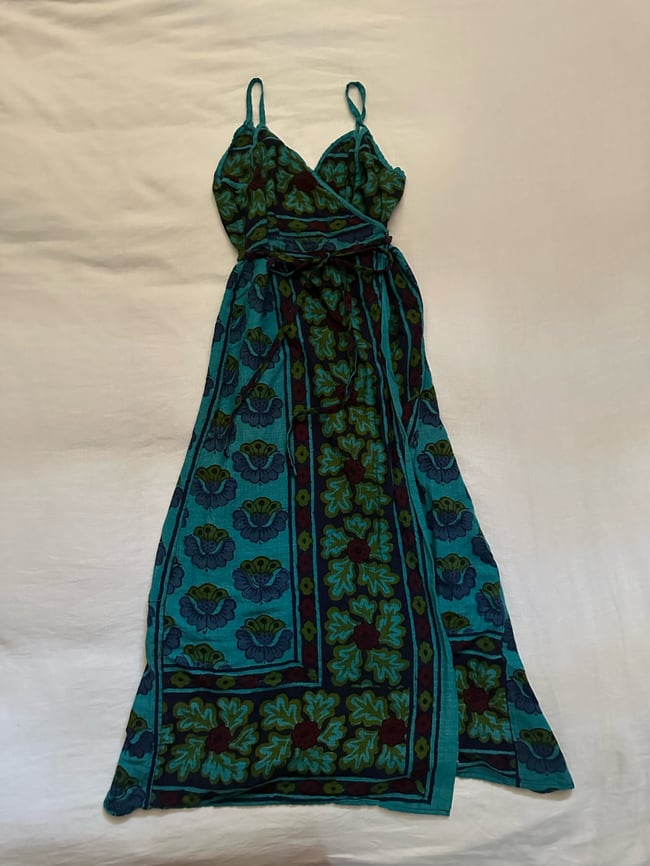 late 1960s rare India tapestry block print gauze maxi wrap dress