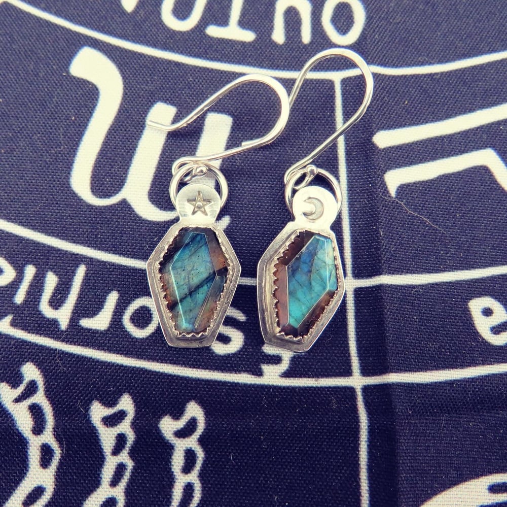 Eternal Rest Labradorite Coffin Earrings - Mismatched Pentagram and Moon