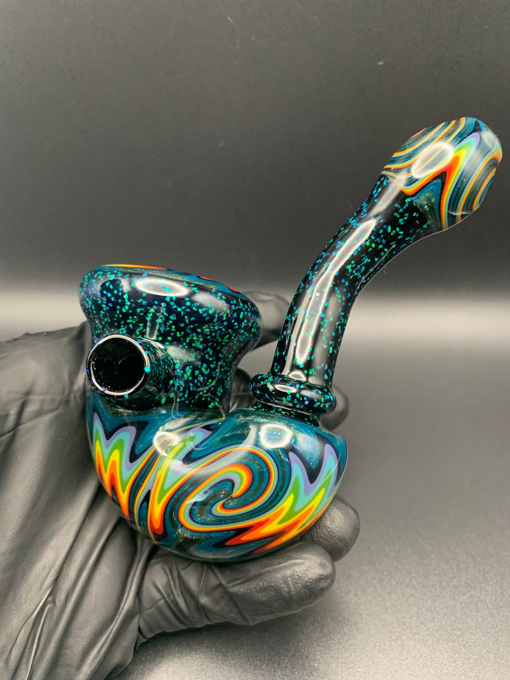 MINT CRUSHED OPAL w/ BLUE SPARKLE RAINBOW LINEWORK HEADY SHERLOCK