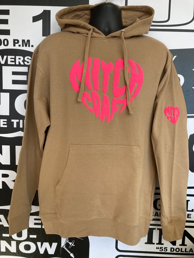 Image of MITCHCRAFT "Heart Skywriting" Neon Pink on Chestnut Hood 