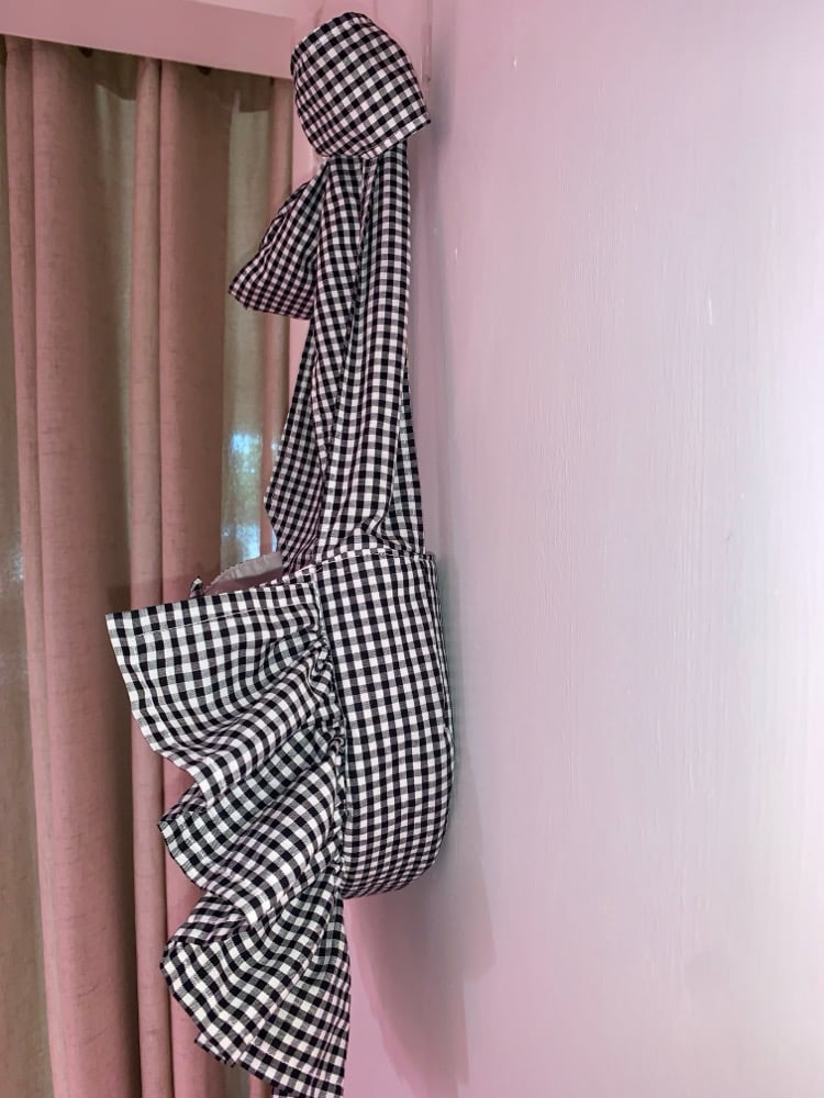 Image of Gingham Ruffle Bow Tote – Black & White 🖤