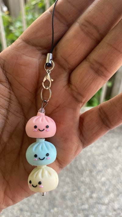 Image of Rainbow rhineDumpling phone charm,  Food phone charms, kawaii charms, pink, blue, creamy
