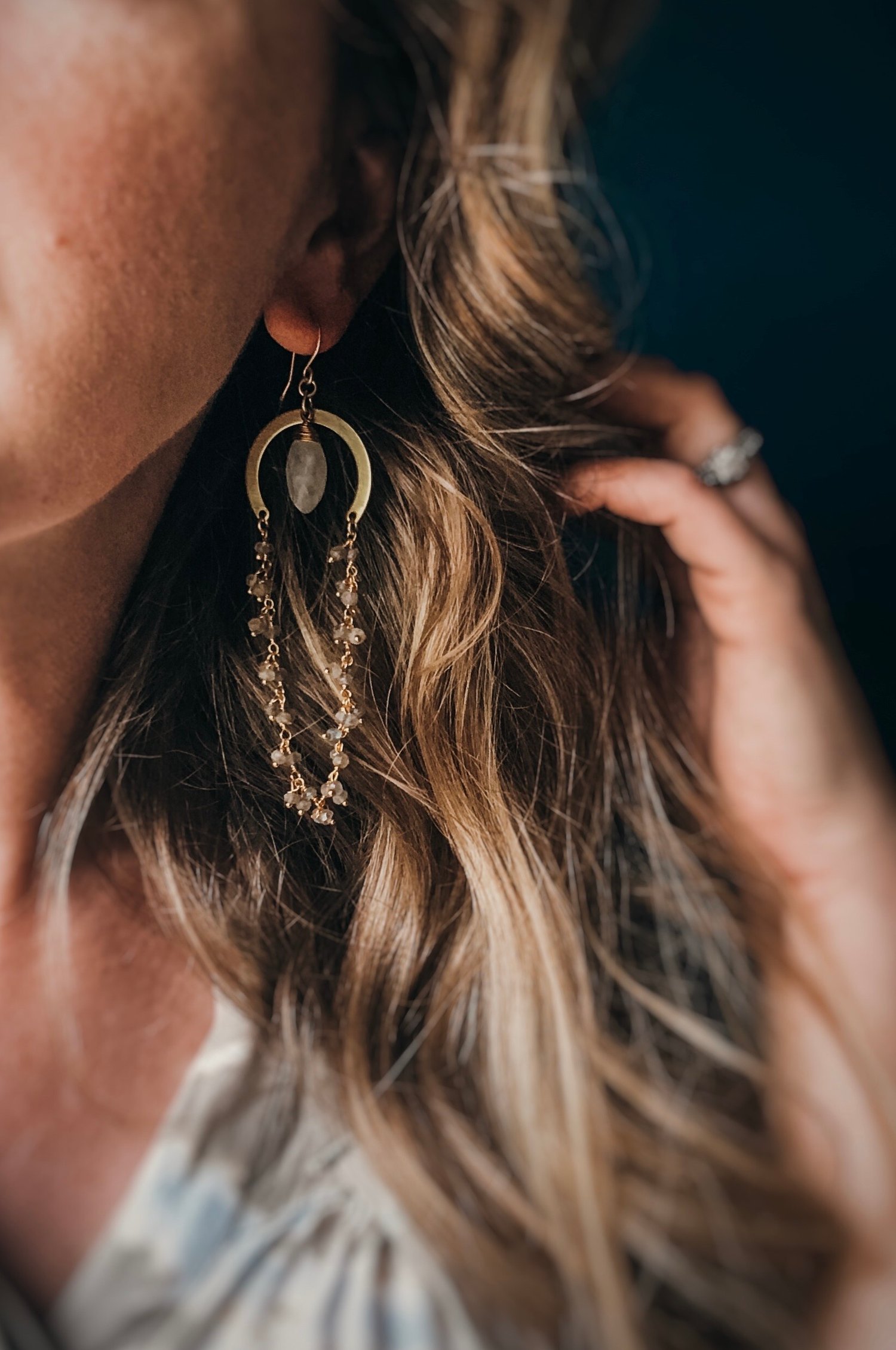 Image of Rainbow Moonstone and Labradorite Fringe Hoop Dangles