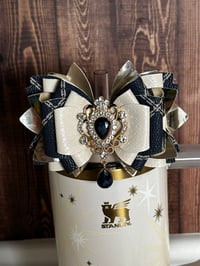 Image 1 of Starlight Shimmer Cream, Navy, and Gold Tumbler Straw Topper Bow