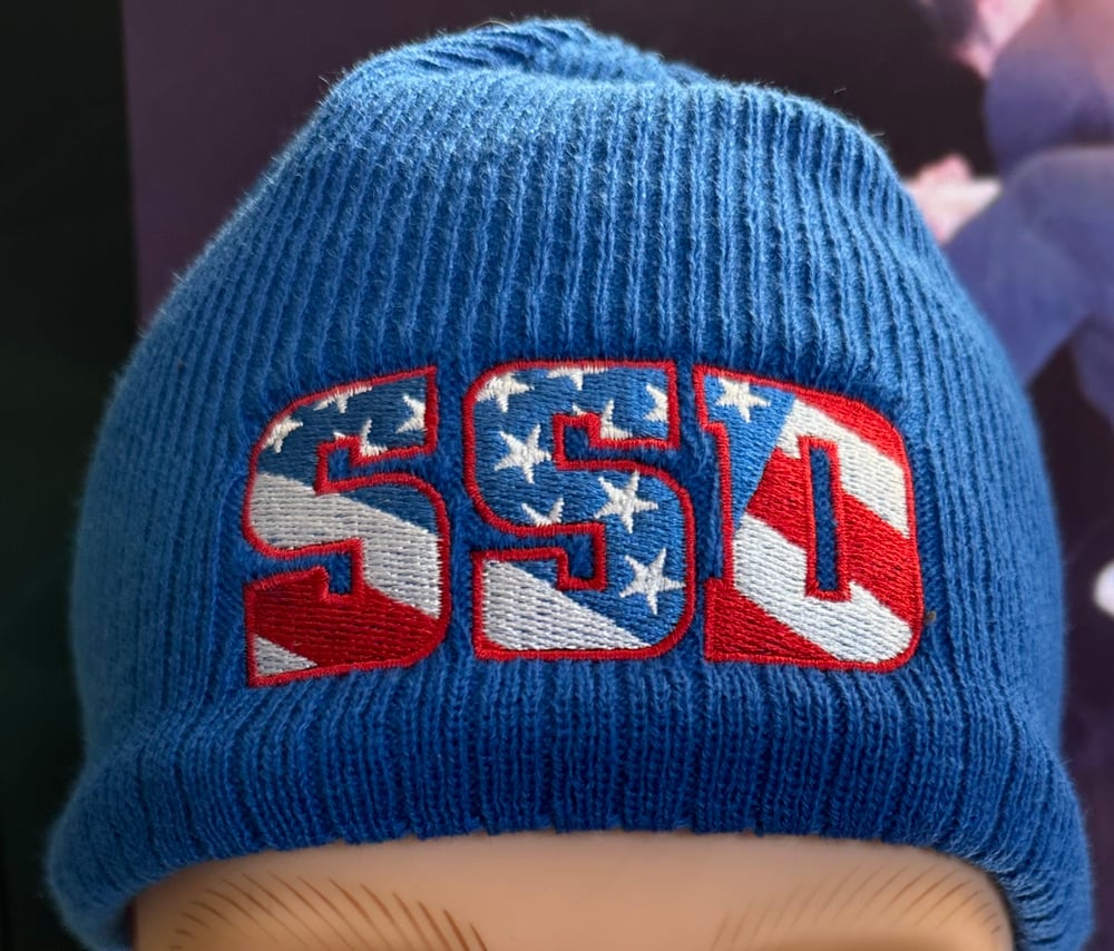 Blue New Era SSD Democracy Knit Beanie with Rear “Vote Blue” logo