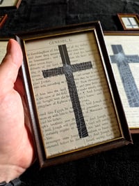 Image 1 of " 2 way Crucifix" 1800's bible page with preserved spider web 7