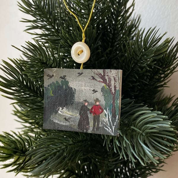 Image of Winter landscape with walking couple - miniature painting 