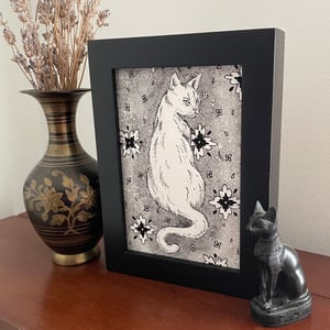 White cat grey flower background print