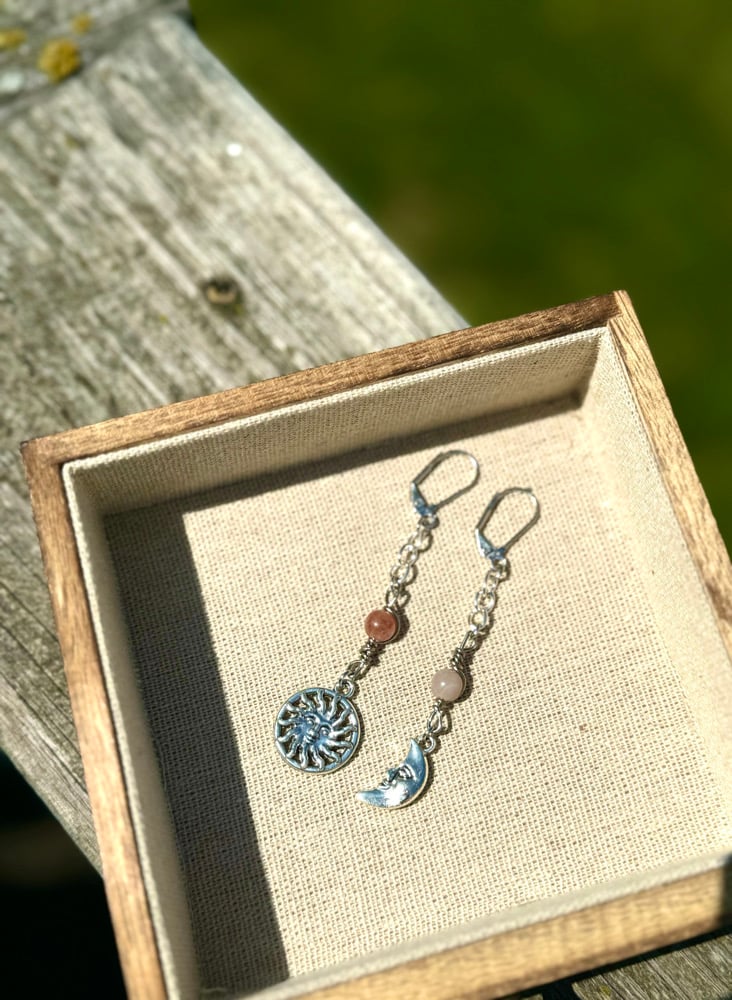 Image of "Cosmic Duality" Earrings w/ Sunstone & Moonstone