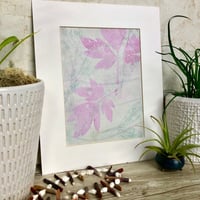 Image 1 of Botanical Monotype ~  Pink Leaves on Ghost Print ~  8x10 Inch Mat 