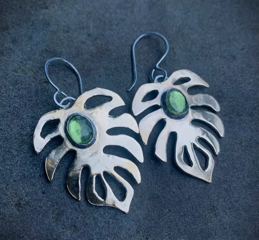 Image of Peridot Monstera Earrings- Fina Moon Silver Studio