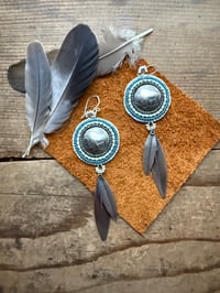 Image 2 of Buffalo Head Nickel Beaded Earrings with Silver Feathers