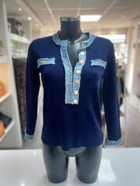 Image 3 of Denim Trim Long Sleeve Top