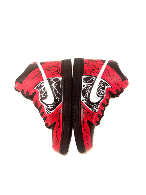 Image of NIKE DUNKS RED AND BLACK 5.5 Y SIZE 7 WOMENS CUSTOM HAND PAINTED 