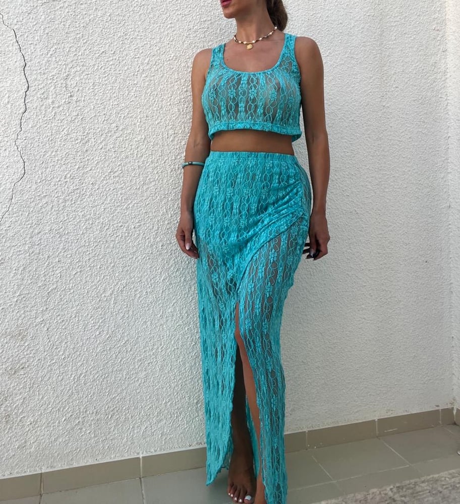Image of Turquoise Lace Split Maxi Skirt Set