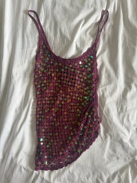 Image 1 of Vintage Y2K mauve iridescent ruched side sequin crochet cami top