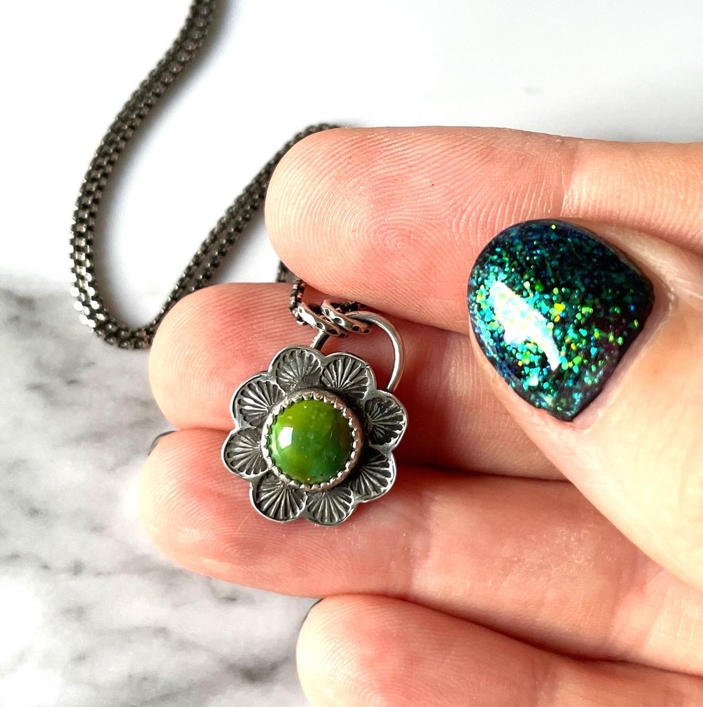 Handmade Sterling Silver Sonoran Gold Turquoise Flower Pendant 925