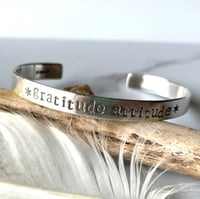Image 1 of Gratitude attitude stamped silver cuff bracelet. Grateful loa 925 silver bangle. Law of attraction.