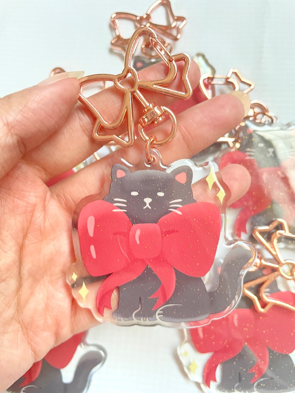 Image of Black cat with bow keychain 