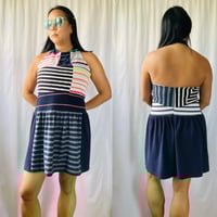 Image 7 of rainbow navy courtneycourtney adult size M/L medium large gathered flouncy halter dress sundress