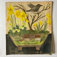 Landscape dish with spring garden - book page artwork 