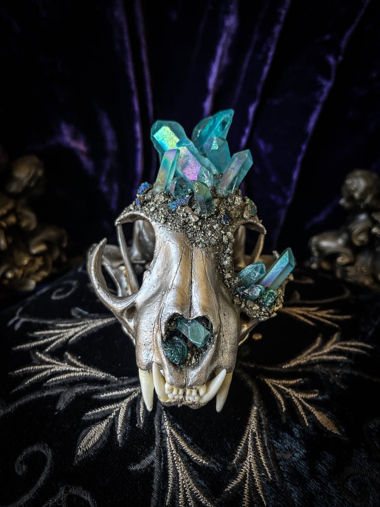 Image of Light Blue Aura Quartz & Chalcopyrite- Bobcat Skull 