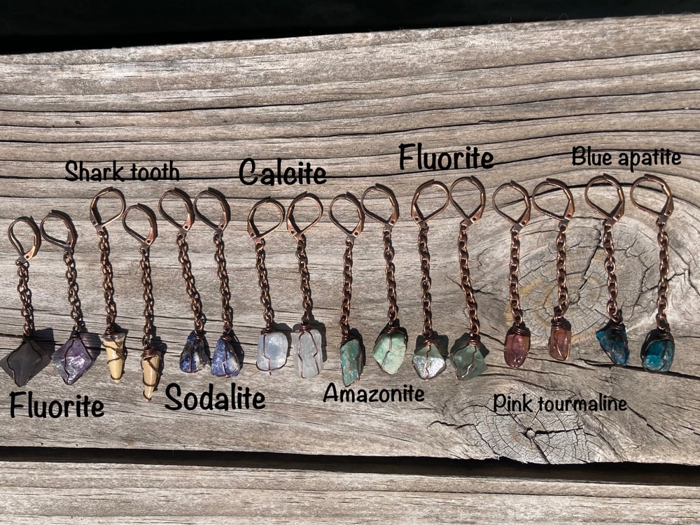 Image of Raw Crystal Wire Wrapped Earrings (oxidized copper)