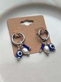 Image 1 of Beaded Stainless Steel Plated Evil Eye Huggies