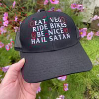 Image 1 of EAT VEG, RIDE BIKES, BE NICE, HAIL SATAN TRUCKER CAP (preorder!)